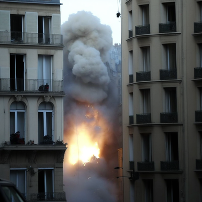 Effondrement d'un immeuble à Paris après une explosion, bonne luminosité, flammes, feu, fumée.  