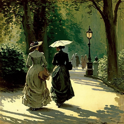 Paris XIXe siècle, femmes élégantes se promenant dans le parc Monceau, tableau de Monet