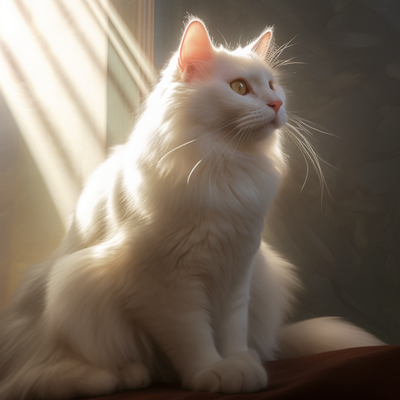 beau chat blanc assis, rayons de soleil autour de lui ...