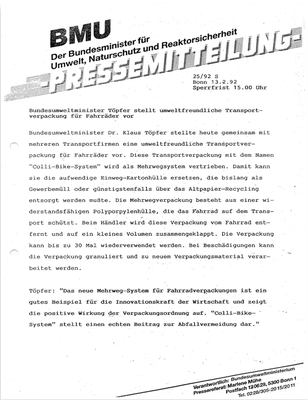Pressemitteilung BMU für umweltfreundliche Transportverpackung ©velotech.de
