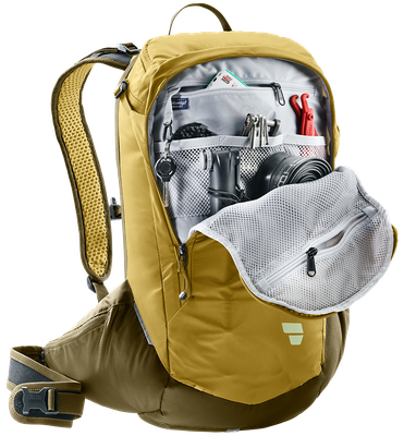 deuter Attack: Mountainbike-Rucksack mit innovativem RE ZRO®-Protektor — geöffnet © deuter