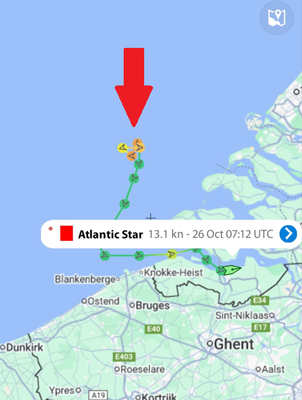 2. Versuch - es braucht Geduld - das Schiff kreist vor der Einfahrt nach Antwerpen