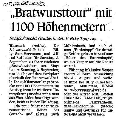 "Bratwursttour" mit 1100 Höhenmetern, OT 26.August 2022