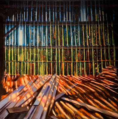 Scheune - 2024, Öl, Baumwollpapier, Holz, 40 x 40 cm