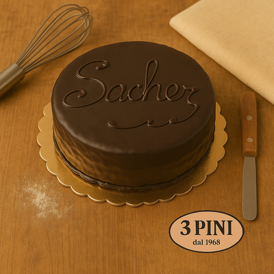 Torta Sacher, base al cioccolato,farcita con marmellata di albicocche e ricoperta di cioccolato fondente.