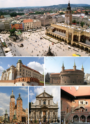 Hauptmarkt (Rynek Główny) mit den Tuchhallen, Wawel, Barbakan, Marienkirche, St. Peter und Paul, Collegium Maius