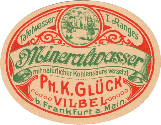 Mineralwasseretikett von Philipp Karl Glück zwischen etwa 1905 und 1920 in Verwendung