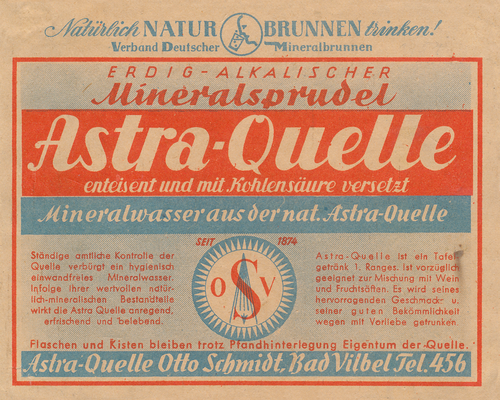 Mineralwasseretikett der Astra-Quelle um 1953