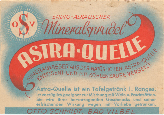 Mineralwasseretikett der Astra-Quelle mit abgeschnittener Unterzeile um 1946 bis 1949