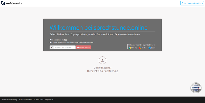 Screenshot der Website von sprechstunde.online mit Login-Maske