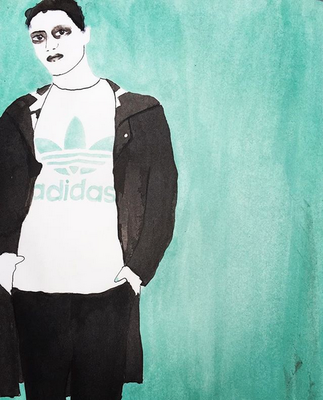 'Tonny Showing Off His Adidas-Sweat' / mixed media on paper / size 29 cm x 20 cm / Anja de Boer 2017