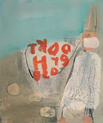 DoktEr Hase während einer Eiertanzdiagnostik 2026, Leinwand, 50 x 60 cm