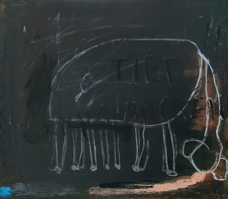 man muss sich nur tief genug bücken, Acryl, Ölkreide auf Siebdruckrahmen ca. 40 x 50 cm, 2023