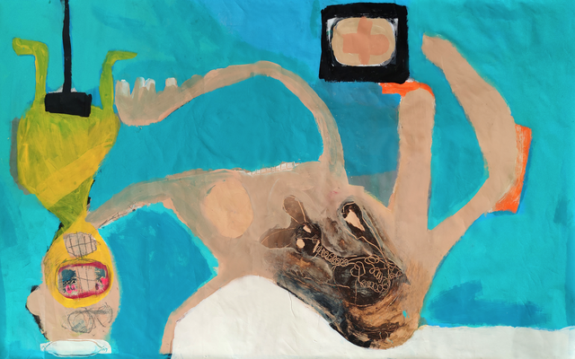 Der Versiuch einem alten Hasen Social Media zu erklären, Acryl auf PVC-Plane, 120 x 200 cm, 2021