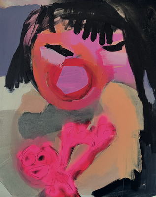 japanese gilrl stalked by an ugly red frog, Acryl auf Leinwand, 60 x 80 xm, 2021