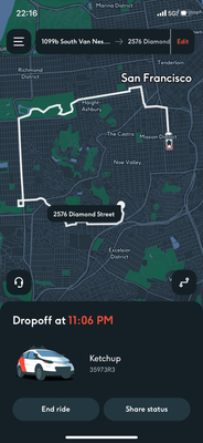 Hei hemmer welle mitem selbstfahrende Cruize - 10 Min hets ahzeigt, chum dringhockt het "er" e koooomischi Route usegsuecht und ahzeigt, Drop-Off ih 50 Minute, haha! ER het denn aber zmitzt im Tenderloin kehrt und gliich nume 25 bruucht :D