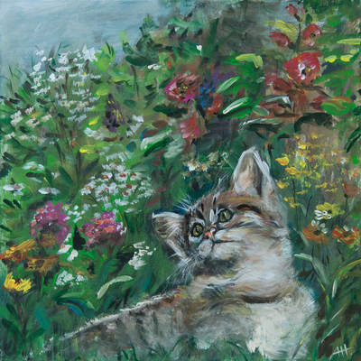 Blumenkatze - Acryl auf Leinwand, 60x60 cm, 2016, H. Halbritter - VERKAUFT