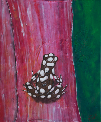 Bromelie mit Frosch - Acryl/Collage auf Leinwand, 50x60 cm, 2014, S. Ulrich - VERKAUFT