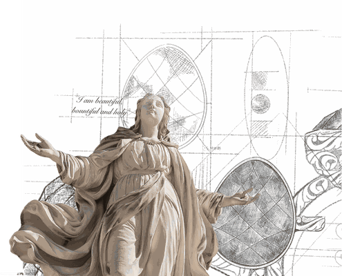 MOKOŠEV frequency couture – artistic depiction of a female statue with geometric patterns, symbol of inner beauty and luxury