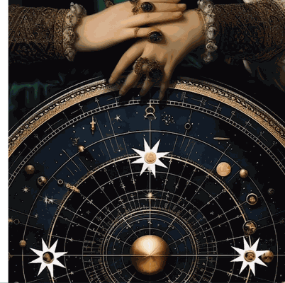 MOKOŠEV luxury jewelry – artistic hands with rings in front of astrological star circle, symbol of frequency couture and spirituality