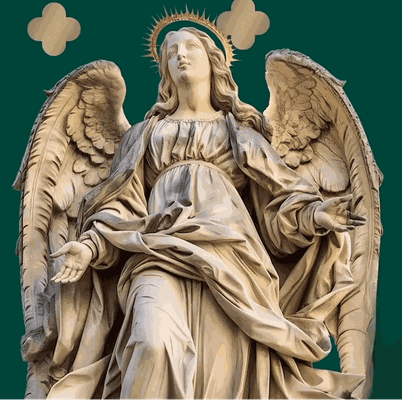 MOKOŠEV frequency couture – majestic angel statue with halo and wings, symbol of spirituality, luxury and inner strength