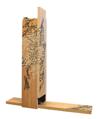 生ける Ikeru-07 [Sumi-ink on wood 56.5x50x11cm 2024]