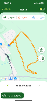 26.09.2025: Schoko und Oskar haben 4,9 km zurückgelegt.  Köln-Aachener-Str. in Quadrath-Ichendorf über die Fischbachhöhe