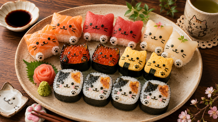 可愛い猫寿司の創作和食プレート。大きなベージュの陶器皿に、猫型のサーモン握り、マグロ握り、ホタテ握り、玉子寿司、いくら軍艦、三毛猫柄の巻き寿司を美しく円形に配置。肉球型のご飯、猫の顔やヒゲを海苔で表現。桜の花びら、小枝、わさび、生姜の薔薇飾りを添える。木製テーブル、猫柄の湯呑み、醤油皿、箸置き。暖かな自然光、カフェ風スタイリング、超高精細、フォトリアル、可愛いキャラフード、美味しそうな質感、浅い被写界深度、柔らかなボケ、masterpiece、food photography、8K、16:9横長構図。