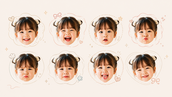 韓国雑貨風の「うちの子表情図鑑」。添付写真の幼児の顔を忠実に再現。同一人物の顔のみを8個配置、4列2段。顔だけの切り抜きで髪型・前髪・お団子ヘアのシルエットを残す。にっこり笑顔、大笑い、きょとん顔、ちゅー顔、ぷんぷん顔、うるうる顔、べー顔、照れ笑い。各顔を異なる手描き風フレームで囲み、雲型、丸型、ハート型、スカラップ型などをランダム配置。小さなハート、星、リボン、キラキラ、ゆるい曲線を控えめに装飾。背景は白〜ミルクティーベージュ。柔らかな自然光、清潔感、透明感、上品でナチュラルな雰囲気。余白を広く確保。高