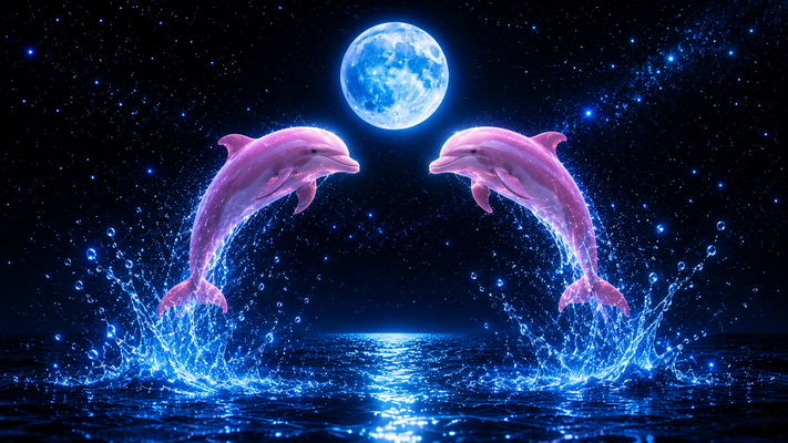 夜の海に浮かぶ幻想的な世界。満月が青白く輝く漆黒の空、無数の星々と淡い銀河。2頭の美しいピンクイルカが左右対称に大きくジャンプし、青く発光する水しぶきが広がる。月明かりが海面に反射し、ネオンブルーとピンクのコントラストが美しい。幻想的、神秘的、フォトリアル、超高精細、シネマティックライティング、鮮やかな発色、8K、HDR、masterpiece、16:9横長構図。
