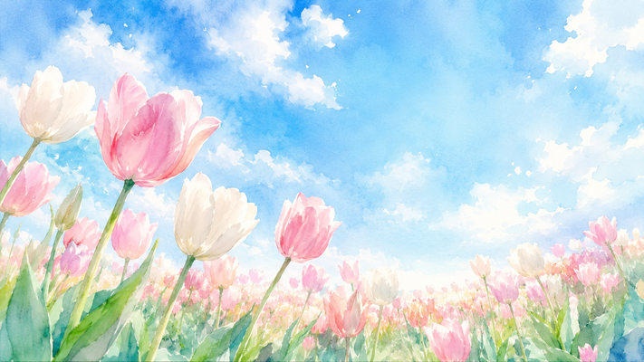 淡いピンクや白のチューリップが風に揺れる春の花畑を、やや斜め下から見上げる構図。手前に大きなチューリップを配置し、奥へ広がる花々に自然な遠近感。澄み切った青空にはふんわりとした白い雲が流れ、透明感あふれる光が降り注ぐ。優しい水彩画タッチ、繊細なにじみ、美しい空のグラデーション、爽やかで幻想的な雰囲気、高精細、16:9横長構図。