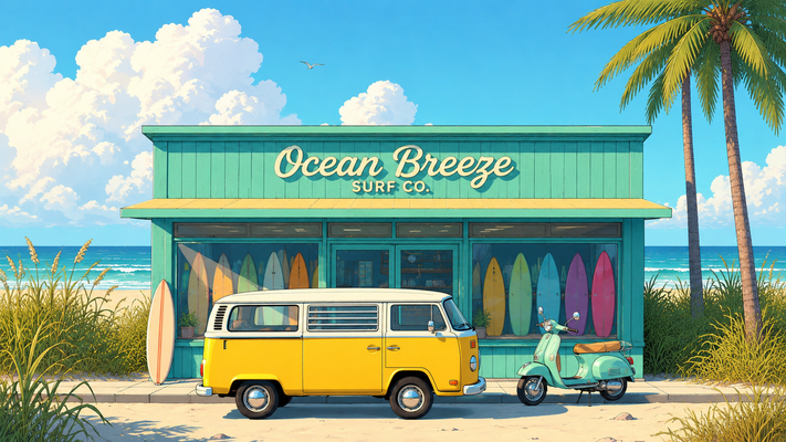 海辺のサーフショップ「Ocean Breeze SURF CO.」。ターコイズブルーの木造ショップの前に、黄色とホワイトのレトロなワーゲンバスとミントグリーンのヴィンテージスクーター。ショーウィンドウにはパステルカラーのサーフボードが並ぶ。白い砂浜、青い海、ヤシの木、夏の入道雲、澄み渡る青空。爽やかな南国リゾートの雰囲気。アニメ背景風イラスト、繊細な線画、鮮やかな色彩、ノスタルジック、超高精細、16:9横長構図、8K、masterpiece。