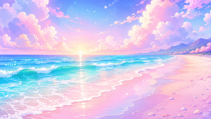 パステルカラーの海辺を描いた幻想的な風景。ターコイズブルーの波が斜め奥へ続き、ピンクとラベンダーに染まる砂浜がゆるやかな曲線を描く。大きな綿雲が広がる空には淡い光の粒が舞い、水平線近くに柔らかな朝焼け。透明感あふれる色彩、アニメ背景風、夢のような世界観、きらめく海、高精細イラスト、16:9横長構図。
