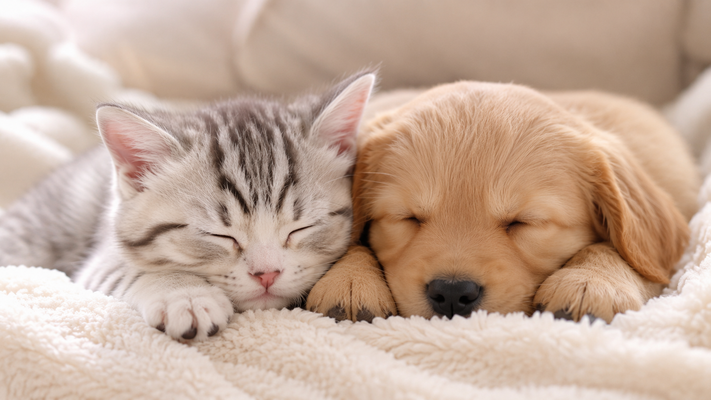 ふわふわの子猫と子犬が柔らかなブランケットの上で仲良く寄り添いながら眠っている。子猫はシルバータビー、子犬はゴールデンレトリバーの子犬。穏やかな寝顔、優しい自然光、温かみのある室内、柔らかな毛並みの質感を繊細に表現。背景は美しいボケ効果、癒しと安心感あふれる雰囲気。フォトリアル、超高精細、高画質、シネマティックライティング、浅い被写界深度、8K、HDR、masterpiece、award winning photography、ultra realistic、16:9横長構図。