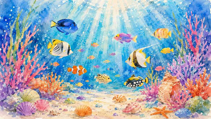 透明感あふれる海の中を描いた水彩画風イラスト。上空から差し込む柔らかな光の筋が青い海を照らし、色鮮やかな熱帯魚たちがゆったりと泳ぐ。ピンク、オレンジ、パープルのサンゴ礁が両側を彩り、砂地には貝殻やヒトデが散りばめられている。にじむような水彩絵の具の表現、優しい色彩、絵本のような世界観、幻想的な海中風景、高精細、水彩アート、高級ポスター、16:9横長構図。