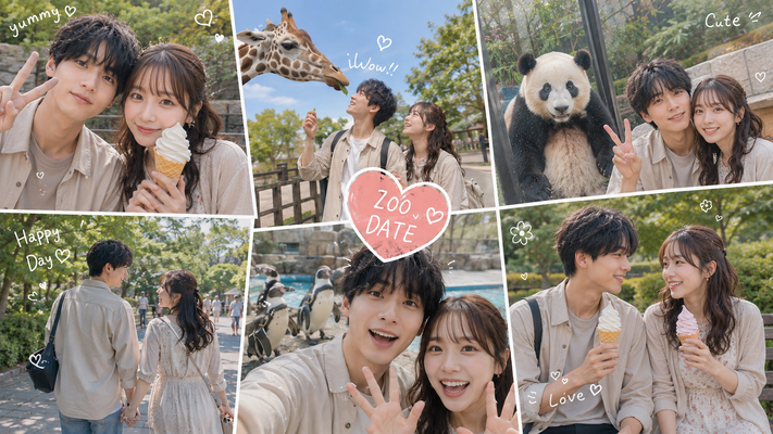 日本人20代カップルの動物園デート思い出コラージュ。6枚の写真をおしゃれに配置したアルバム風デザイン。自然な距離感の自撮り、キリンを見上げる姿、パンダとの記念撮影、ペンギンと触れ合う様子、手をつないで歩く後ろ姿、ベンチでアイスを食べるシーン。パステルカラー、手描きハートや落書き装飾、韓国雑貨風、青春感あふれる可愛い雰囲気、高品質、高画質、16:9。