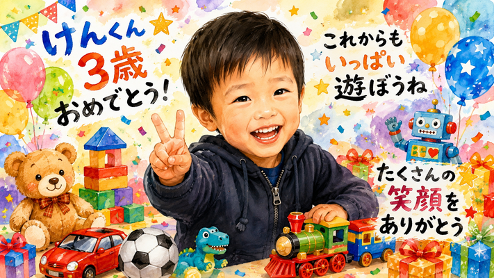 日本人の男の子、3歳のお誕生日祝い似顔絵。満面の笑顔でピースサイン。周囲に積み木、ミニカー、サッカーボール、おもちゃの列車、恐竜、ぬいぐるみ、風船、プレゼント。紙吹雪と星が舞う明るい水彩画タッチ。手描き文字で「けんくん 3歳おめでとう！」「これからもいっぱい遊ぼうね」「たくさんの笑顔をありがとう」。高品質、超高画質、16:9横長構図。