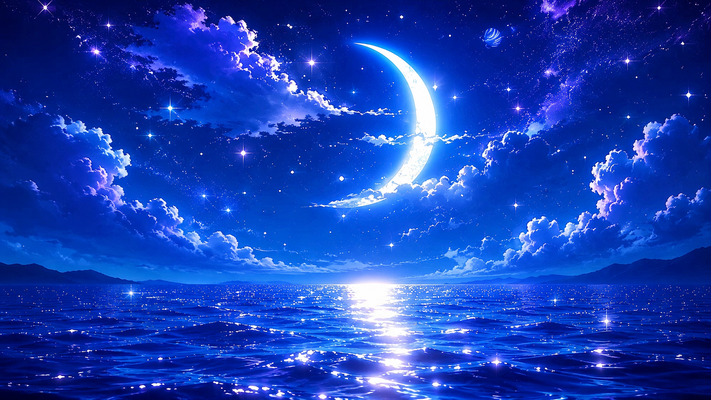 満天の星空と幻想的な三日月が輝く夜の海。深いコバルトブルーの海面には月光が美しく反射し、無数の星々が宝石のようにきらめく。大きな入道雲や幻想的な雲が月を優しく包み、天の川が夜空を横切る。遠くには山並みのシルエット。青と紫を基調とした神秘的な色彩、夢のような世界観、ファンタジーアニメ映画風、超高精細、鮮やかな発光表現、幻想的なライティング、星の輝き、ロマンチックな雰囲気、8K、HDR、masterpiece、beautiful scenery、16:9横長構図。