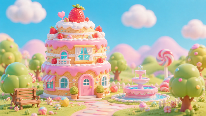 パステルカラーの3Dスイーツファンタジー。中央にいちごを飾った3段のケーキハウス、ピンクのクリームとホイップ、丸い窓と可愛いドア。周囲にキャンディの木、ロリポップ、カラフルなお菓子、噴水付きの広場を配置。ふわふわの雲が浮かぶ青空、やわらかな光、ミニチュアジオラマ風、超高精細、可愛いおとぎ話の世界、3Dレンダー、16:9横長構図。