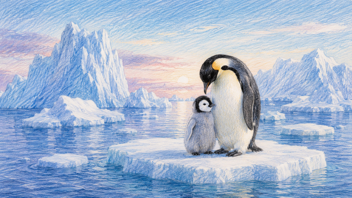 色鉛筆で丁寧に描かれた皇帝ペンギンの親子。前景には小さな氷山が浮かぶ氷の海、その中央に浮かぶ流氷の上で寄り添う親ペンギンとふわふわのヒナ。周囲には巨大な氷山と雪に覆われた山々が広がり、静かな海面が淡い空を映し出す。朝焼けの優しいピンクとブルーの空、繊細な色鉛筆のタッチ、細かな描き込み、柔らかな陰影、温かみのある雰囲気、自然観察イラスト、高級アートポスター、超高精細、16:9横長構図。
