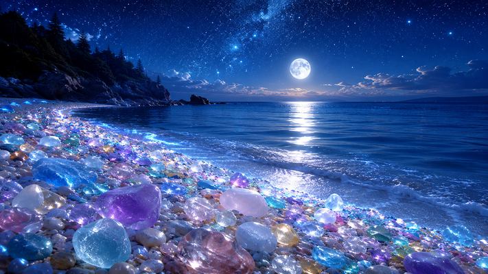 月明かりに照らされた幻想的な海辺。波打ち際にはパステルカラーのシーグラスや磨かれた宝石のような小石が広がり、ターコイズブルーやラベンダー、ローズピンクの石が柔らかく輝く。海岸線は左奥へゆるやかに続き、穏やかな波が打ち寄せる。満天の星空と遠くの水平線に浮かぶ月の光が海面に反射する夢のような風景。フォトリアル、透明感、美しい発光感、高級ファンタジーアート、超高精細、8K、16:9横長構図。