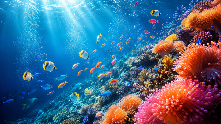色鮮やかな熱帯魚が泳ぐ幻想的なサンゴ礁の海中世界。画面左側に広い海の空間を取り、右側にはオレンジやピンクのイソギンチャクとカラフルなサンゴを立体的に配置。クマノミの代わりにチョウチョウウオやハナダイ、青い熱帯魚が群れをなして泳ぐ。上方から差し込む光の筋と無数の気泡が海中を照らし、奥行きのある神秘的な風景を演出。フォトリアル、透明感、鮮やかな色彩、高級海洋アート、超高精細、8K、16:9横長構図。