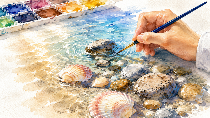 真上から見たスケッチブックの上で、水彩画を描いているアーティストの手。透明な浅瀬の海辺をモチーフにした作品には、貝殻や丸い小石、波紋が広がる水面が繊細な水彩タッチで描かれている。筆先が波紋の細部を描き込み、周囲にはカラフルな水彩パレットや絵の具チューブが配置される。柔らかな自然光、にじみ表現、透明感のある色彩、リアルな紙の質感、手描き水彩アート、アート制作風景、超高精細、8K、16:9横長構図。