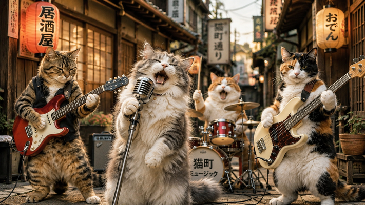 日本の昭和風路地裏で演奏する猫バンド。中央のふわふわ長毛猫がレトロマイクで熱唱。左のキジトラ猫はエレキギター、中央奥の茶白猫はドラム、右の三毛猫はエレキベースを演奏。提灯や古い商店が並ぶ情緒ある路地。猫たちは楽しそうな表情でライブ中。フォトリアル、超高精細、毛並みの質感、躍動感、可愛らしくユーモラスな雰囲気、浅い被写界深度、16:9横長構図、8K、masterpiece。