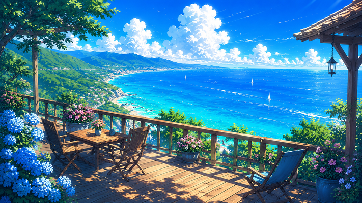 見晴らしの良い高台のウッドデッキテラスから眺める絶景の海岸風景。ターコイズブルーからディープブルーへと輝く広大な海、白いヨットが点在し、遠くには緑豊かな山並みと海岸線が続く。テラスには木製テーブルとチェア、色鮮やかな紫陽花や花々の鉢植え。大きな木の木陰が心地よく広がり、澄み切った青空には巨大な入道雲が浮かぶ。爽やかな夏の風、透明感あふれる光、美しい自然。アニメ映画風、背景美術、超高精細、鮮やかな色彩、シネマティックライティング、8K、masterpiece、16:9横長構図。