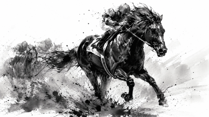 墨絵・水墨画で描かれた黒馬が競馬レースを全力疾走する瞬間。力強く前へ駆ける躍動感あふれる姿。たてがみと尾が風になびき、蹄から墨の飛沫や煙のような筆跡が広がる。大胆な墨の濃淡、勢いのある筆運び、余白を活かした構図。背景は最小限の墨表現のみ。迫力、スピード感、生命力を感じる芸術作品。文字なし、印鑑なし、超高精細、16:9横長構図、8K、masterpiece。