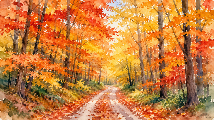 秋の森を描いた美しい水彩画。赤、オレンジ、黄金色に色づいた紅葉が道の両側を彩り、落ち葉が敷き詰められた林道が奥へと続く。背の高い木々がアーチ状に広がり、柔らかな木漏れ日が差し込む幻想的な風景。水彩絵の具のにじみやかすれを活かした繊細な筆致、透明感のある色彩、自然な紙の質感、穏やかな秋の空気感。手描き水彩アート、絵本風、癒しの風景画、高級ポスター、超高精細、8K、16:9横長構図。