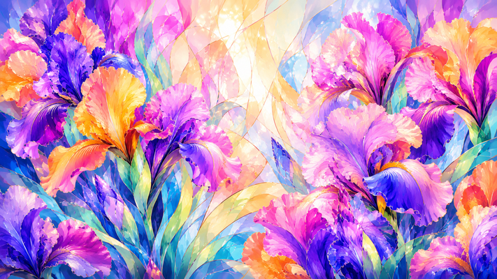 色鮮やかなアイリスの花々が画面いっぱいに咲き誇る幻想的な抽象アート。紫、ブルー、ピンク、オレンジ、ゴールドの鮮烈なグラデーション花びらが密集し、透明感のあるリボン状の葉が優雅に重なり合う。明るく輝く光に包まれた背景、ステンドグラスのような透明感と煌めき、華やかで高級感のあるモダンフラワーアート、超高精細、16:9、8K。