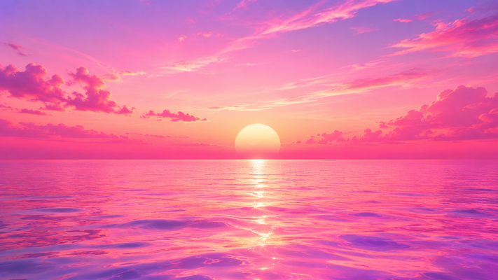 幻想的なピンク色の海, 水平線に沈む大きな夕日, ピンクからラベンダーへ変化するグラデーションの空, 穏やかな波, 海面に映る光の道, ミニマルな風景, 透明感のある海, ロマンチックな雰囲気, ドリーミーな世界観, パステルカラー, シンプルで美しい構図, 高精細, 超高画質, 横長構図, 16:9, パノラマビュー, シネマティック, 壁紙向け, 8K