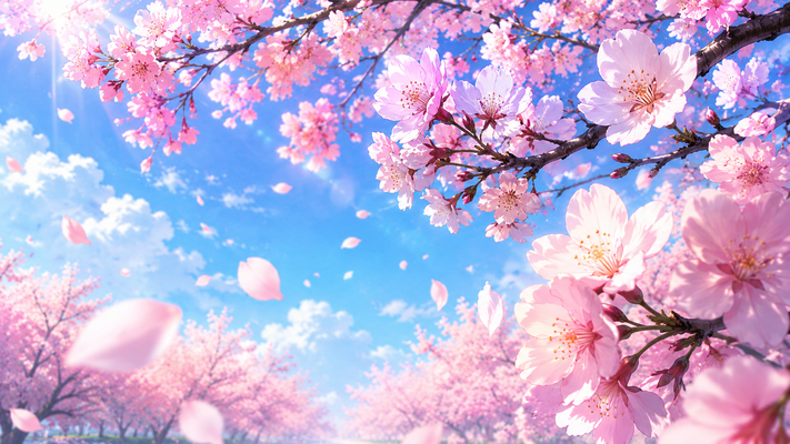 満開の桜の枝を見上げるような構図。淡いピンクの桜の花々が画面上部から優雅に広がり、青空とふんわりした白い雲を背景に花びらが風に舞う。手前には大きく咲く桜を配置し、奥には柔らかくぼけた桜並木が続く。春の陽光、透明感のある色彩、アニメ背景風、美しいボケ効果、繊細な花びら表現、幻想的な雰囲気、高精細イラスト、高級ポスター、16:9横長構図。